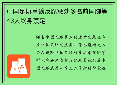 中国足协重磅反腐惩处多名前国脚等43人终身禁足